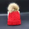 Winter Knitted Beanie hat women Striped Beanie Hat with Genuine Raccoon Fur Pom Pom