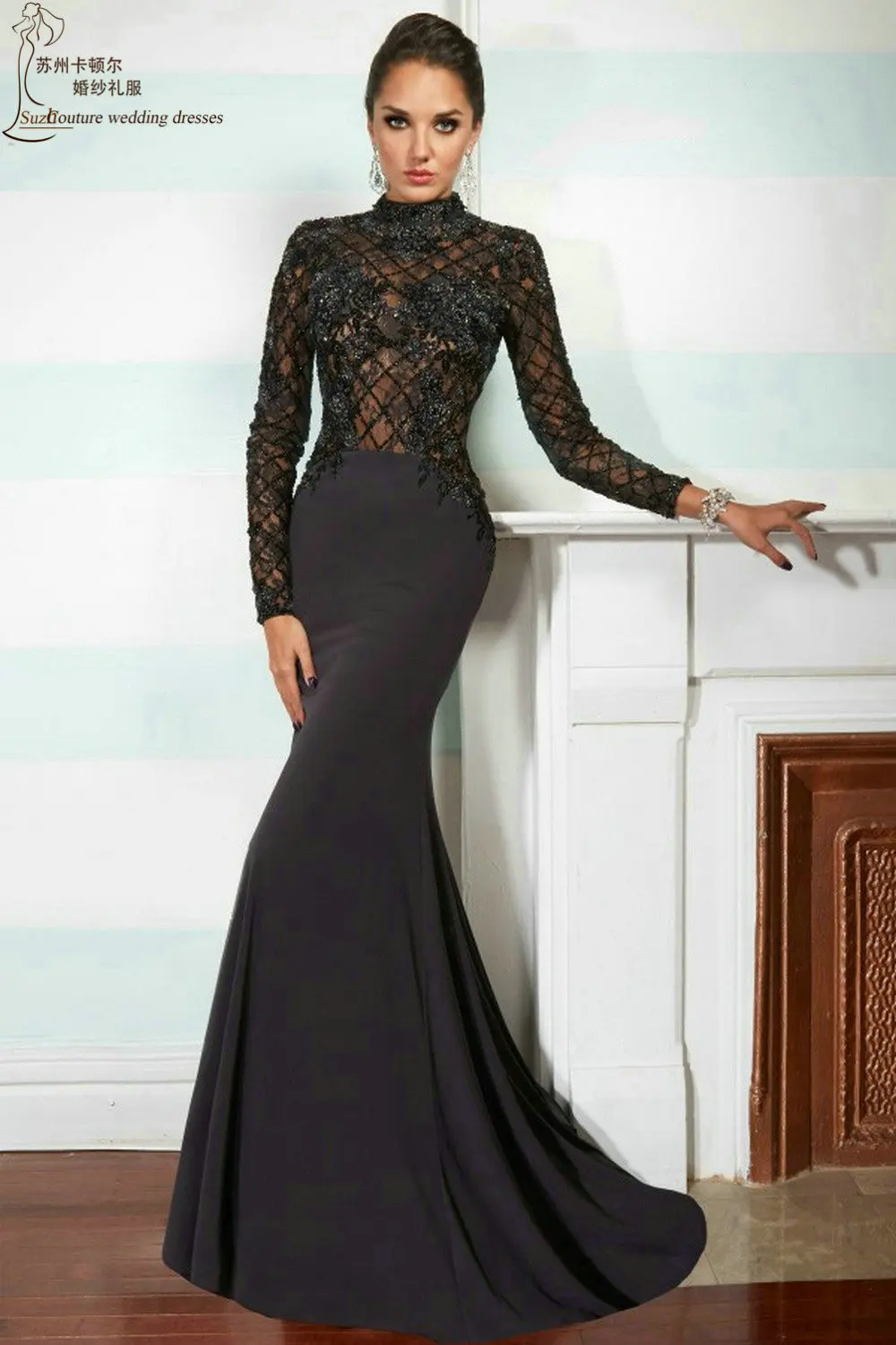 long sleeve black gala dress