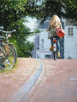 Handmade Simple Street Landscape Beautiful Lady Ride On Bicycle Oil Painting For Living Room Decoration Unique