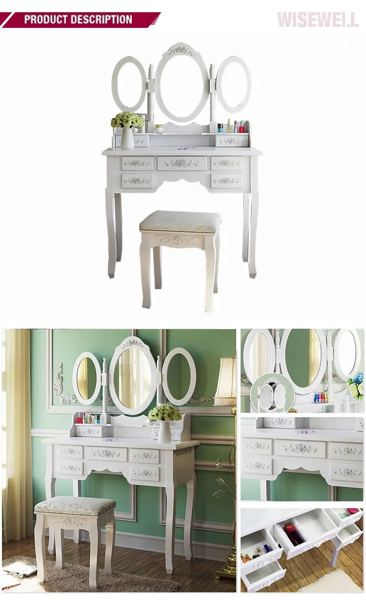 W-HY-1010 Modern Bedroom Furniture Wood white dressing Table Mirror with Drawer Dresser