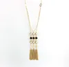 Long Black Agate Inlay Pearls Three Tassels Pendant Necklace