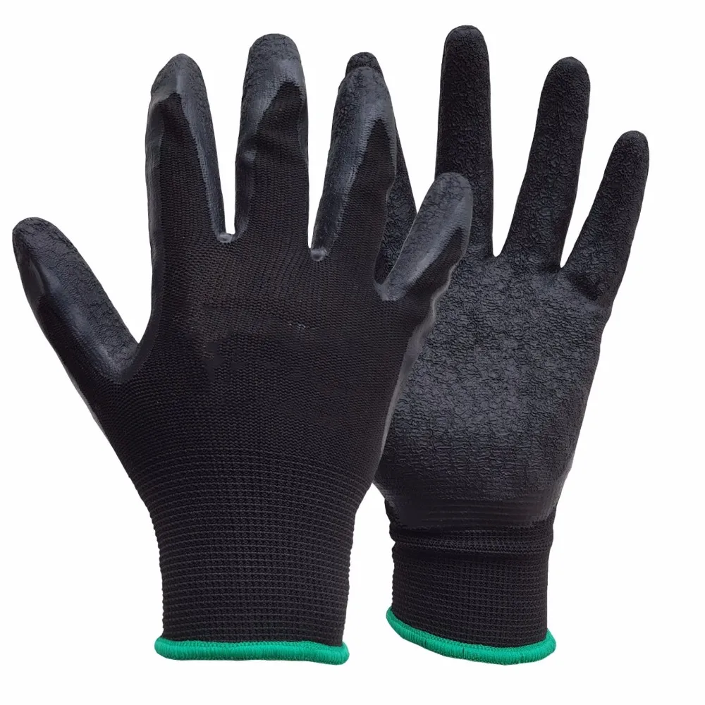 Crinkled Black Latex Coated Work Hand Gloves 15g Polyester Liner - Buy ...