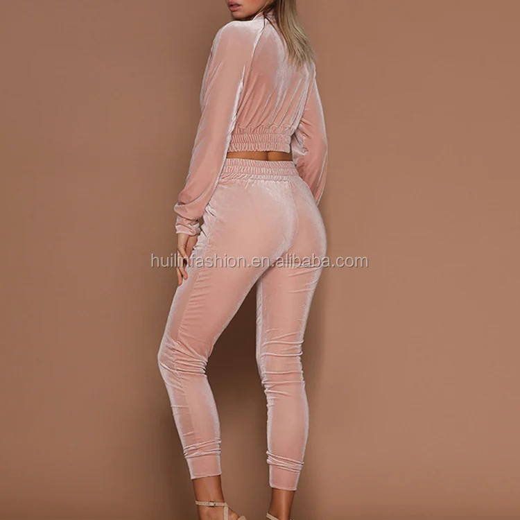 pink cropped velour tracksuit