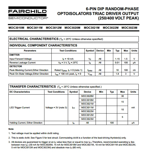 5 PCS Fairchild MOC3021 Random-Pha​se Optoisolat​ors Triac Driver Output DIP-6