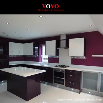 Pre Assembled Kitchen Cabinets In High Gloss Dark Purple Color