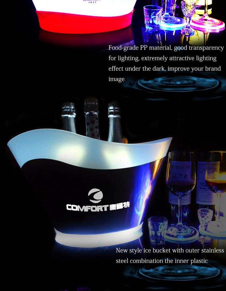Custom Printed Ice Buckets 12l Big Capacity Engraved Led Ice Bucket