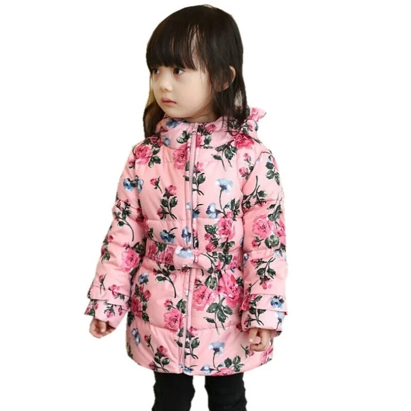 2016 Spring Winter 90 Down Girls Coat Thick Hooded Duck Down Children Floral Jacket Medium long