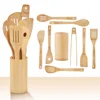 9 Piece Bamboo Cooking Tools Holder - Spatulas Slotted Spatula Serving Angled Spoon Modern Wooden Kitchen Utensils Set