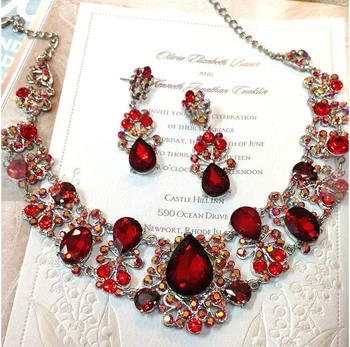 Wedding Jewelry Set Red Crystal Bib Necklace And Earrings Vintage Wedding Jewelry Set Red Crystal Bib