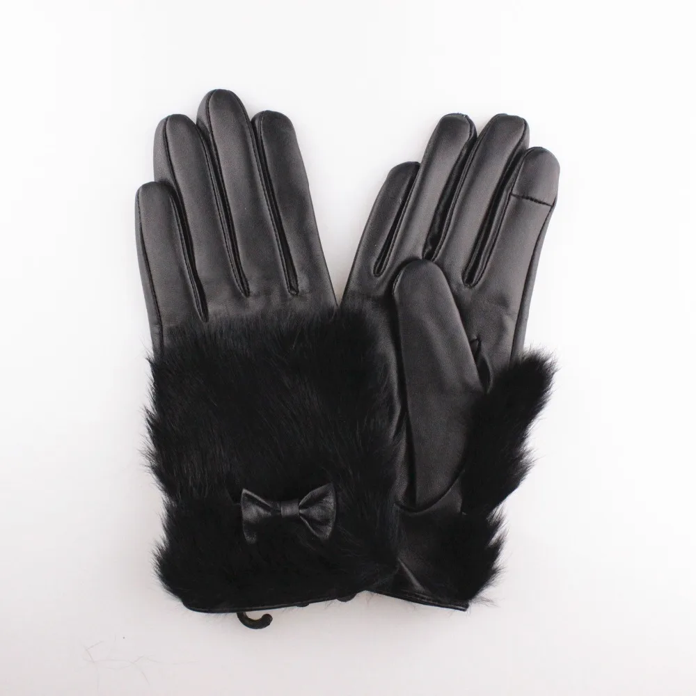 2016 fashion and sexy women rabbit fur cuff industial leather hand glove for warm winter