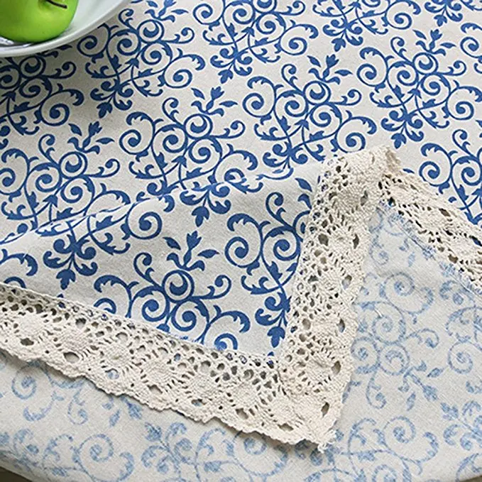 Vintage Navy Damask Pattern Decorative Macrame Lace Tablecloth Heavy