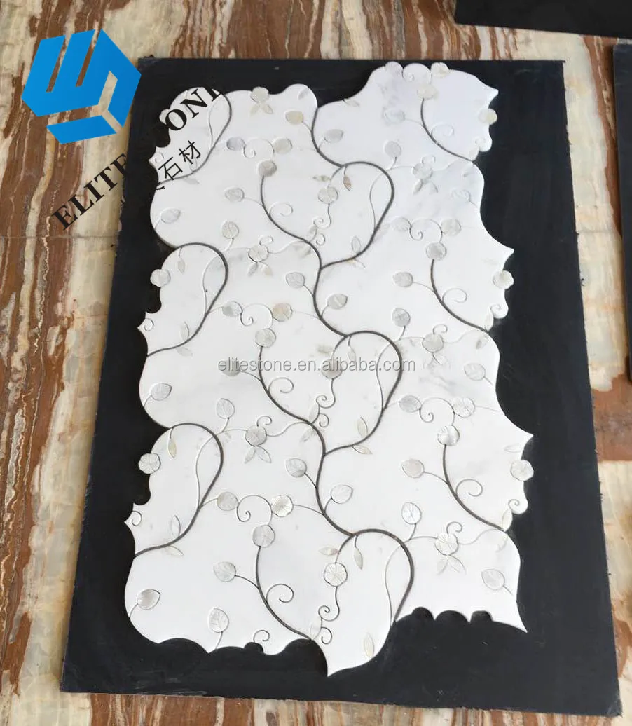 Chrysanthemum Calacatta Gold marble and Rivershell Waterjet mosaic (24)