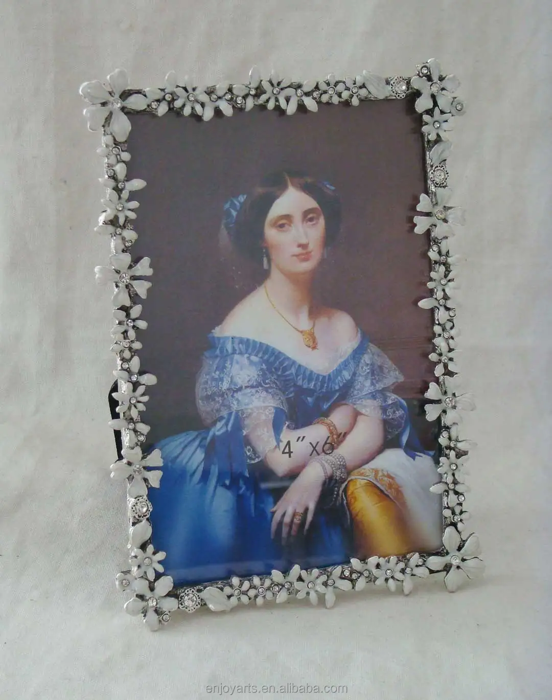 Silver White Jeweled Floral 4x6 Inches Metal Photo Frame Elegant Home