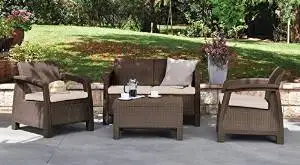 Keter Cushioned Patio Set With 2 Wicker Chairs, Loveseat, Cushion and a Rattan table, 4-Piece, Brown