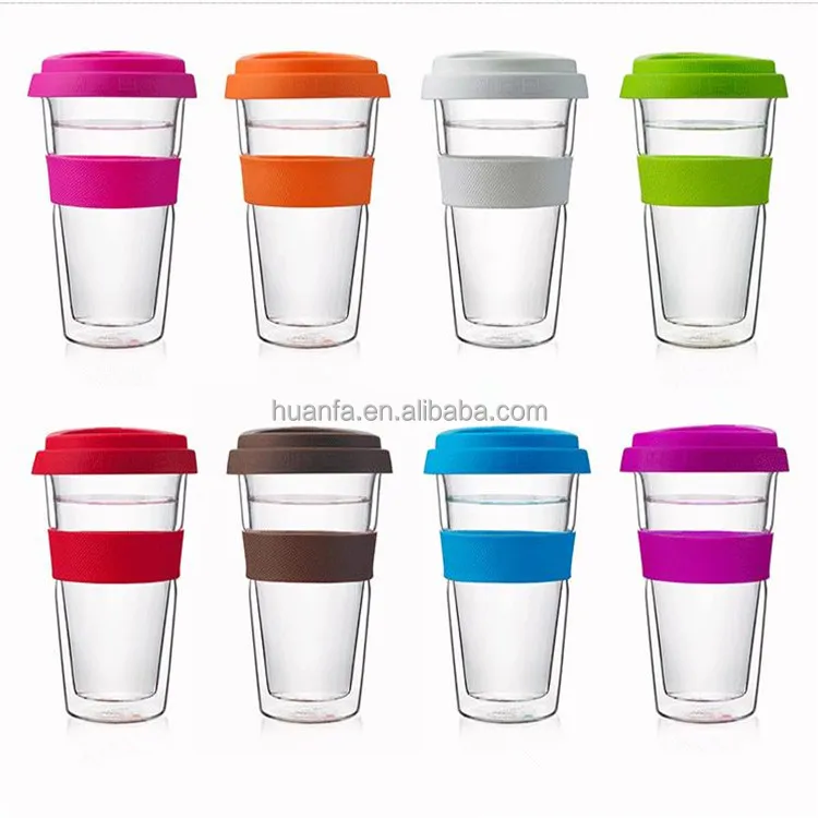 حار بيع عالية الجودة مقاومة للحرارة جدار مزدوج الزجاج مع غطاء سيليكون و مقبض من السيليكون القهوة القدح المياه الزجاج فنجان شاي 350 مللي