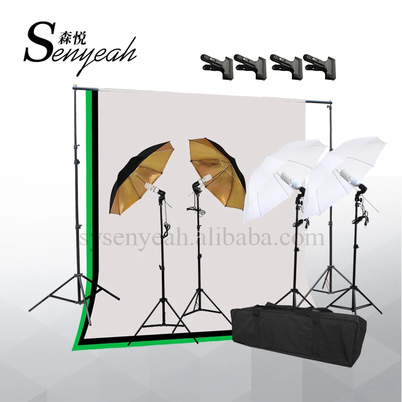 Photo Studio Light Reflective Gold/White umbrella kit with Background Stand and Muslin Backdrops