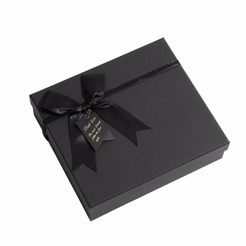 Custom Rigid Black Gift Box And Bow Luxury Lid And Tray Gift Box