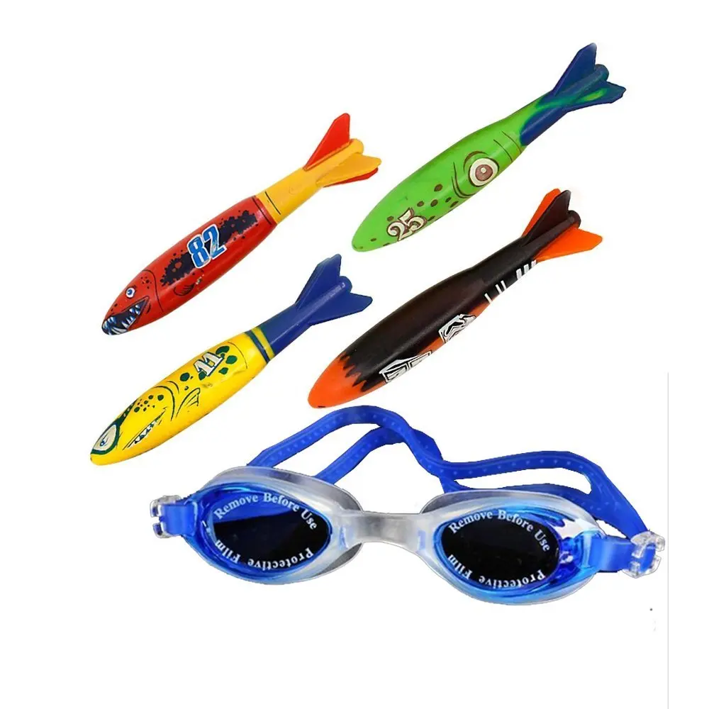 Dive torpedo,Glides Under Water,Kids Swimming pool throwing torpedo Bandits ( (4-pack) & Mirrored Silicone Seal Swimming Goggles Swimming Glasses For Kides (Blue)