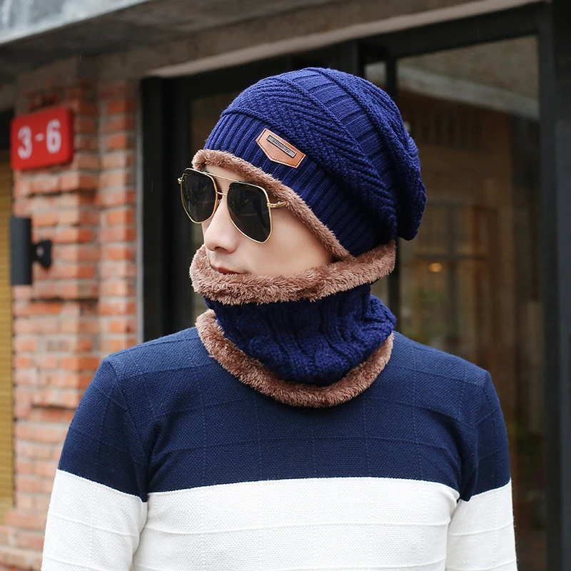 Men’s Warm Winter Hat and Scarf Set - Thick Knit Beanie with Wool Lining - Cold Weather Cap for Men & Women