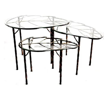Wrought Iron Outdoor Furniture Glass Top Leaf Shape Coffee Table