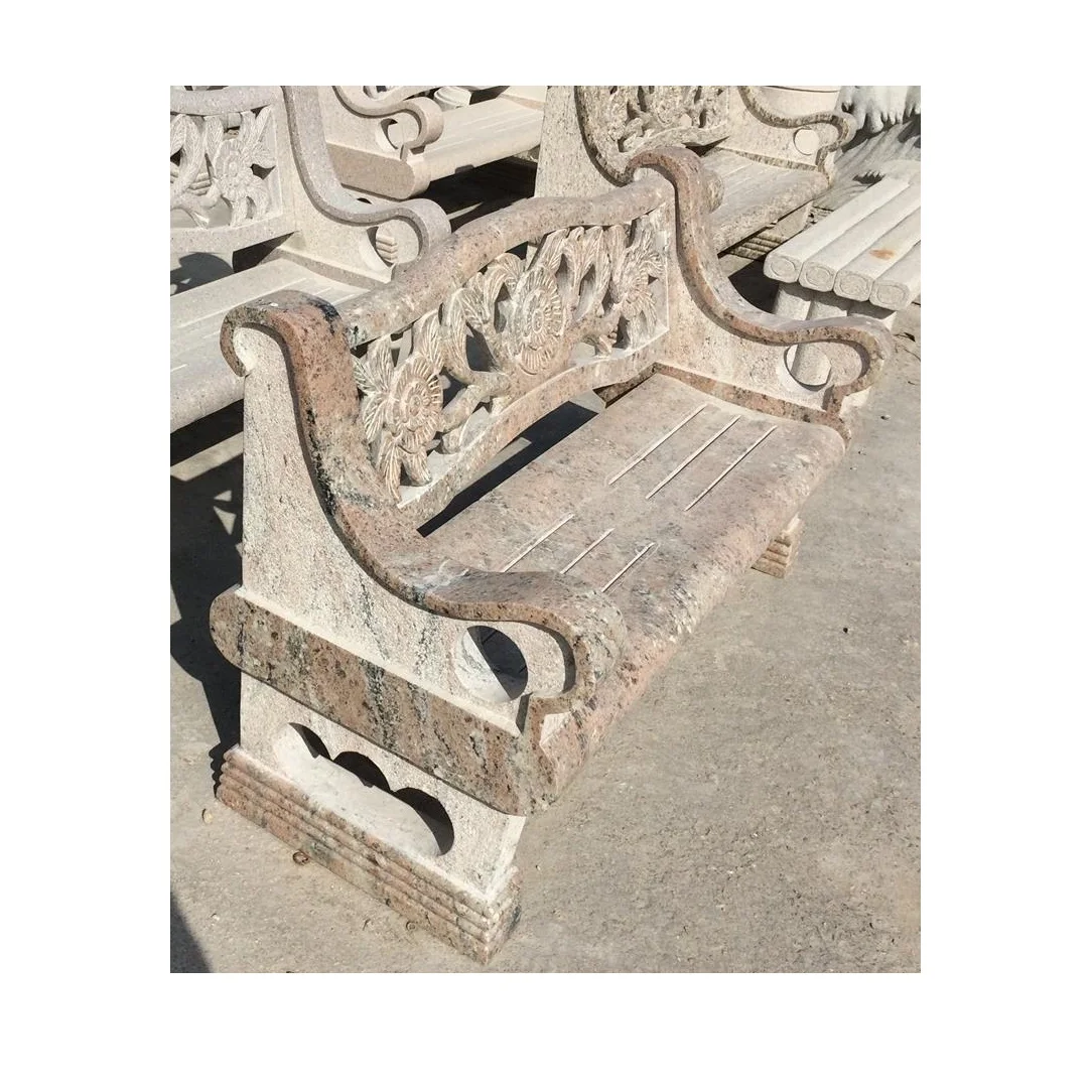 Chinese Style Outdoor Red Granite Garden Decoration with Flower Carving Long Bench With Backrest