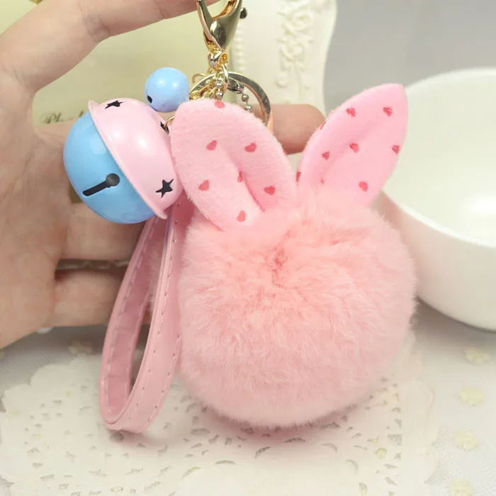 可爱的粉红色兔子毛皮球包吊坠毛皮绒球钥匙扣钥匙圈