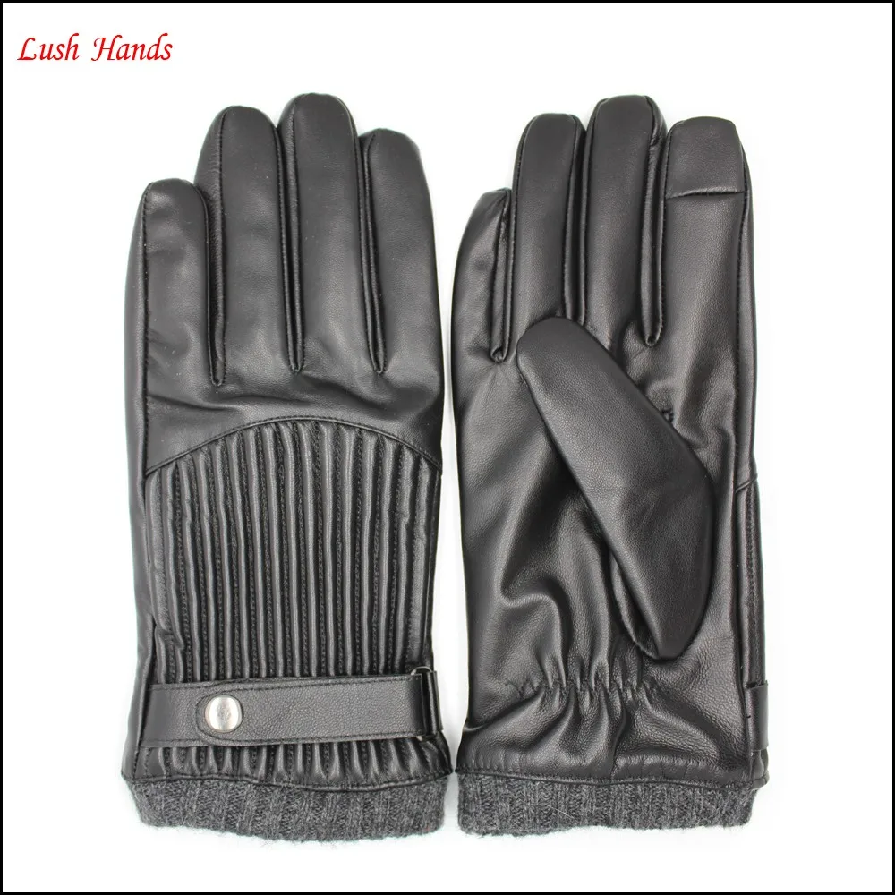 men's fashion winter leather gloves with belt and metal button