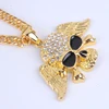 Fashion gold chain black oil dripping crystal skull with wings pendant necklace men halloween