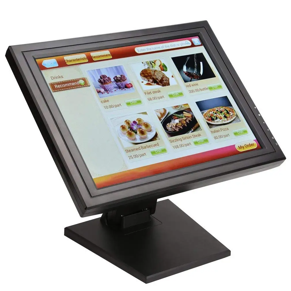 Touch-Screen Cash Register,17 inch Touch Screen POS TFT LED Touchscreen Monitor Desktop USB VGA System Control w//Adjustable POS Stand for Retail Restaurant Retail Bar Pub Kiosk Bar