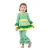 St Patriotic Day Kids Clothing Girls Green Stripe Print Tunic Top Pant Sets Baby Girls Ruffle Outfits