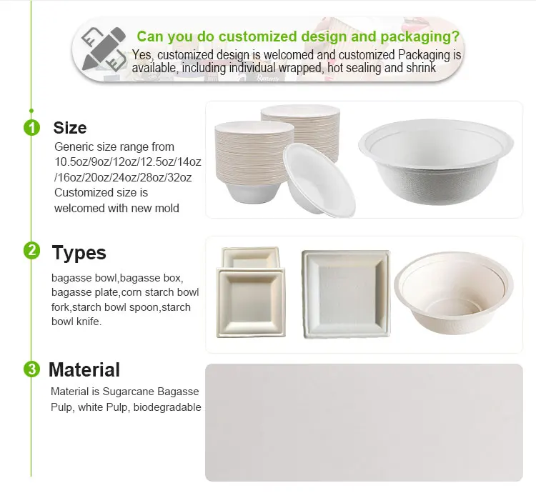 Compostable sugarcane dinnerware bowls disposable biodegradable bagasse tableware