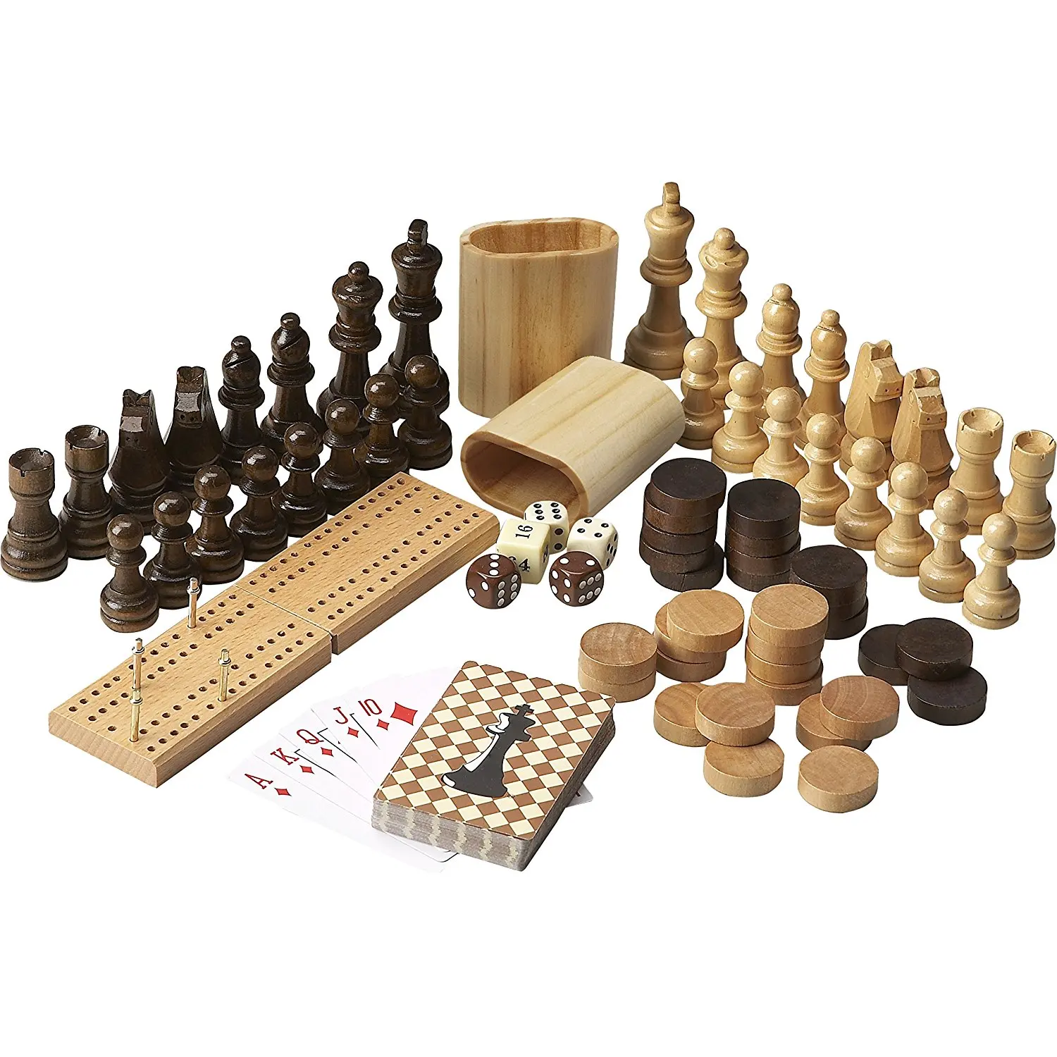 Wooden Multi Game Table Complete Set Carved Wood Chess Set checkers, Cribbage Set & Deck of Cards
