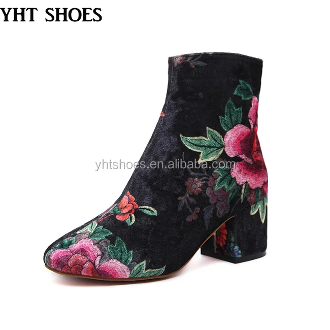 Chengdu Factory Women Fancy Ankle Boots Flower Mature Heeled Booties ...