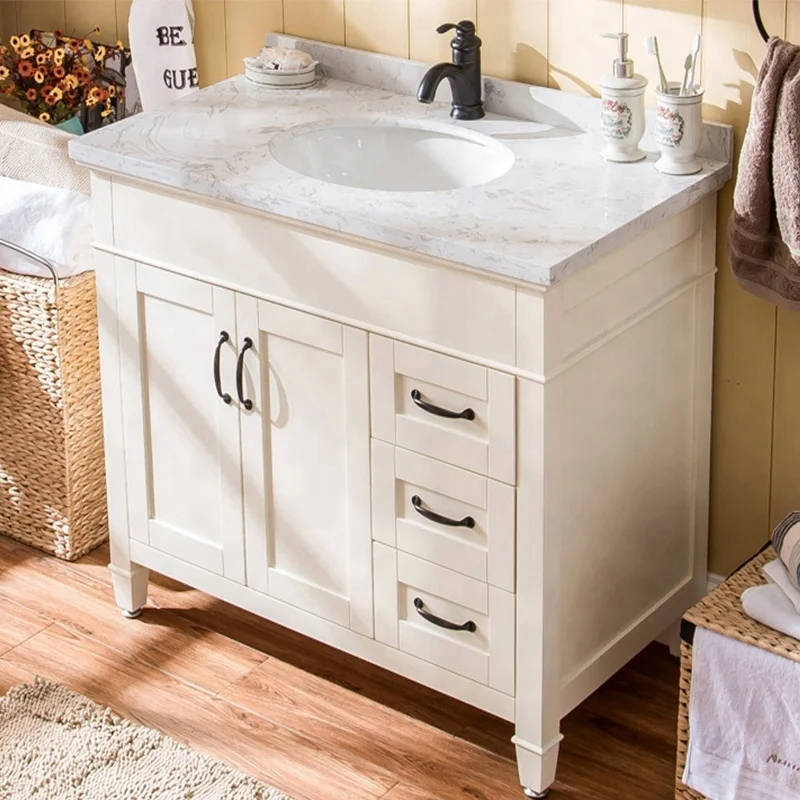 42 Inch Ivory White Single Sink Solid Wood European Style Bathroom