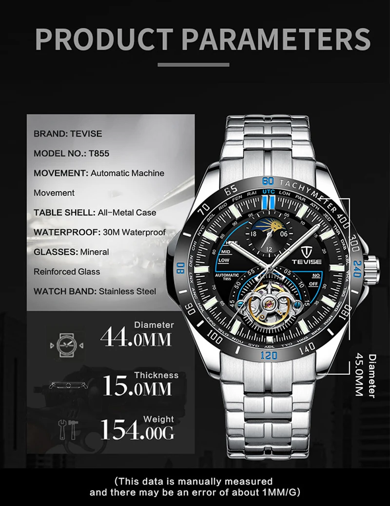 tevise t855 men automatic mechanical moon Alibaba