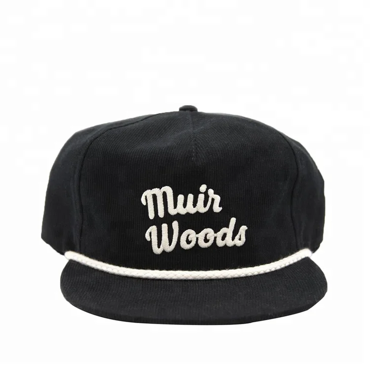 2020 Flat Brim Black Unstructured Corduroy 5 Panel Snpabck Rope Hats Wholesale With String Buy