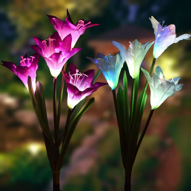 Outdoor Solar Garden Stake Lights Solar Multi-color Changing LED Powered Lights with Lily Flower