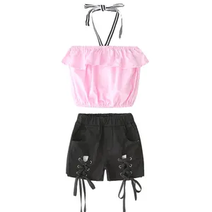2019 ins girls suit children's suits girls strapless straps denim shorts two-piece suit 2019 ins girls suit children's suits girls strapless straps denim shorts two-piece suit