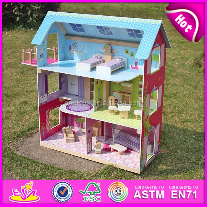 Happy Play Kids Wooden Toy Doll House,Colorful Pretend Play Doll House