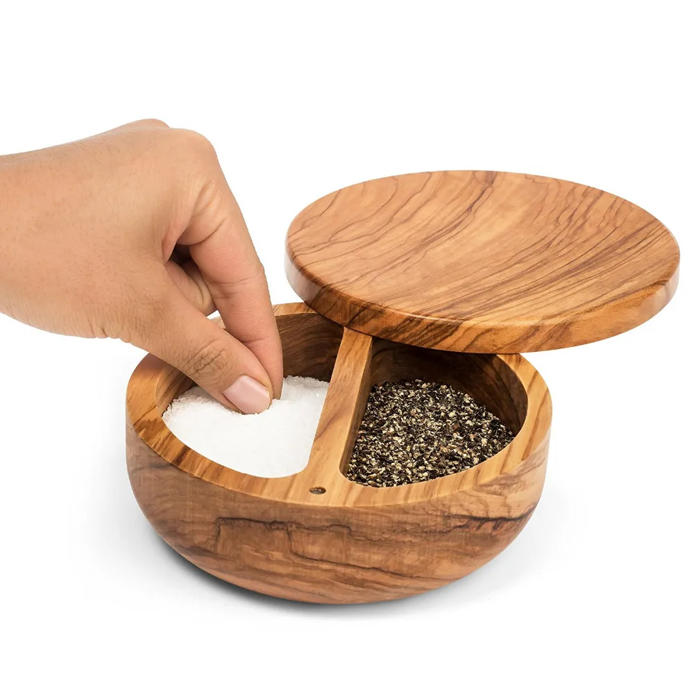 简单的竹木制圆形 2 隔间盐盒可拆卸,旋转,磁性顶部