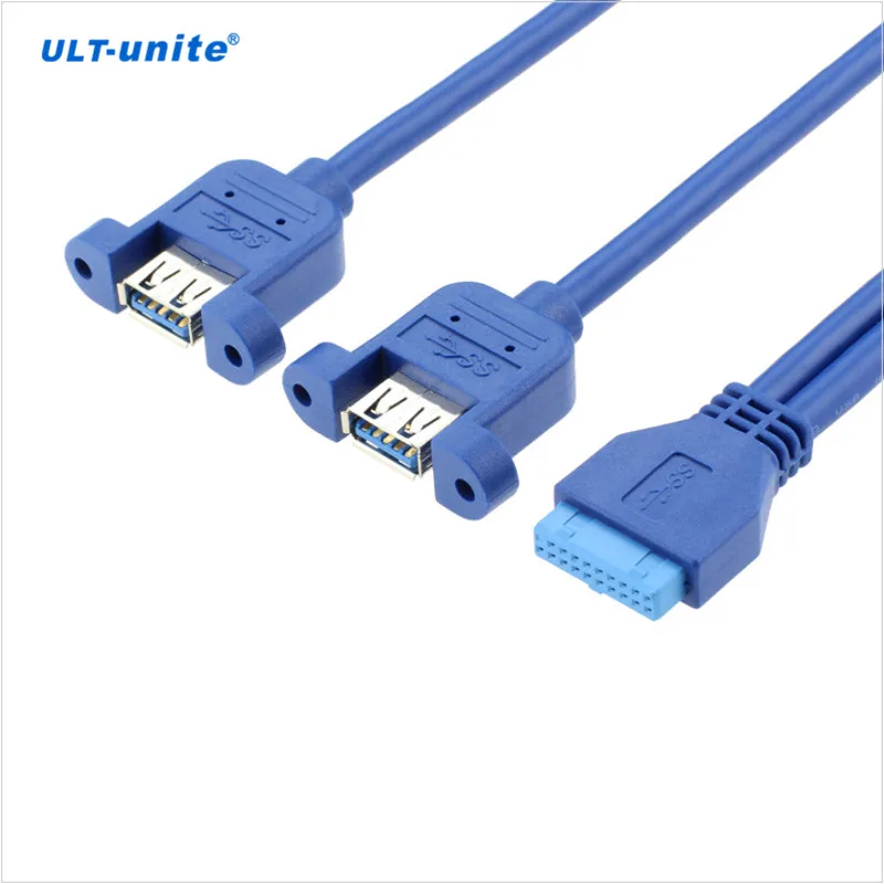 Cables Motherboard Header 20pin to Dual USB 3.0 A Female Adapter Panel Mount Cable Cable Length: 50cm, Color: Blue