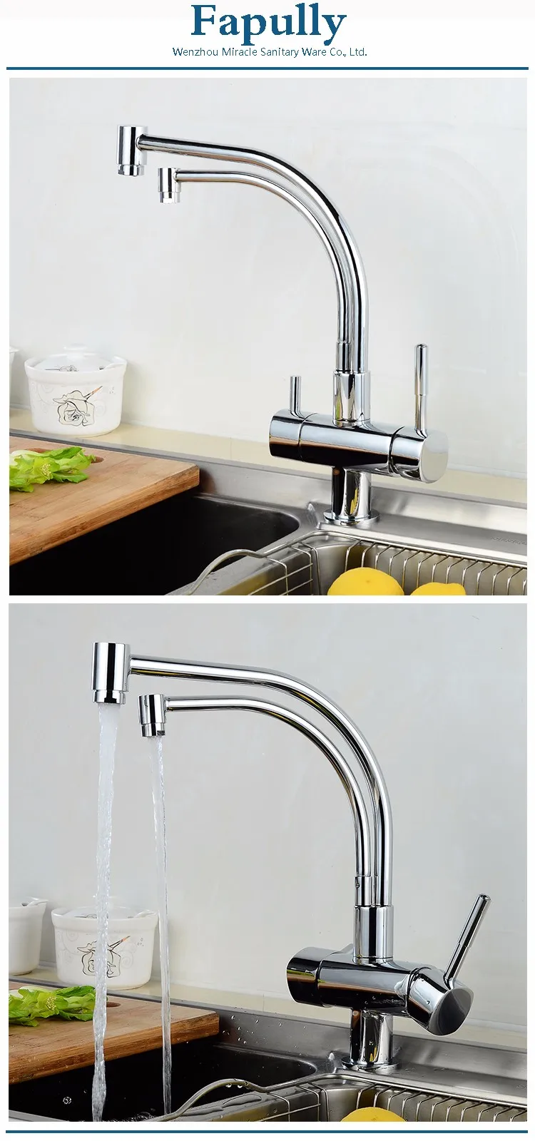 Fapully Double Headed Water Tap Faucet Kitchen 2-way Kitchen Sink Mixer ...