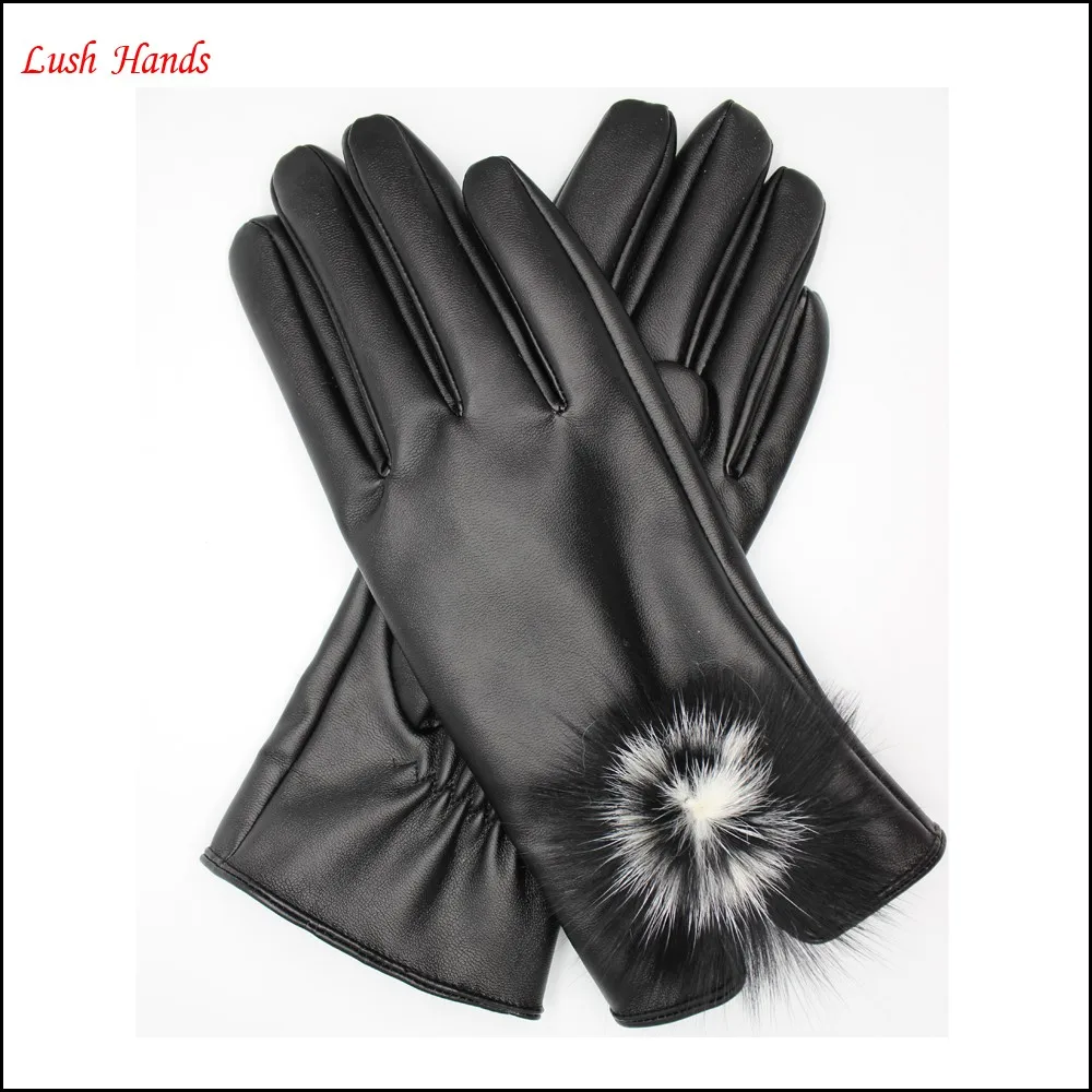 Wholesale cheap gloves china gloves factories Fahion ladies Pu leather glove with True hairball
