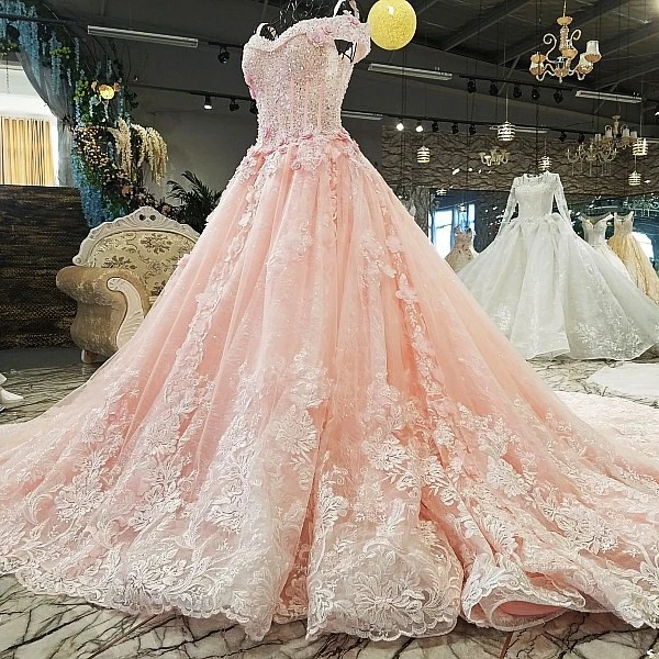 Peach Wedding Dresses Sweetheart With Short Sleeves Beaded Lace