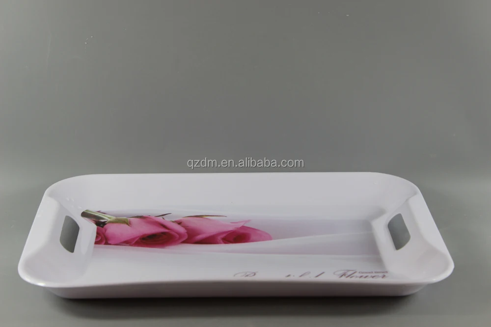 Beautiful Flower Printing Melamine Trays With 2 Handles