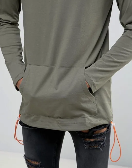 Ats255 Mens Tall Longline Long Sleeve Tshirt With Kangaroo Pocket Made