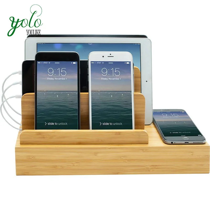 Multi Device Desk Organizer Bamboo Charging Station With Wireless Smart