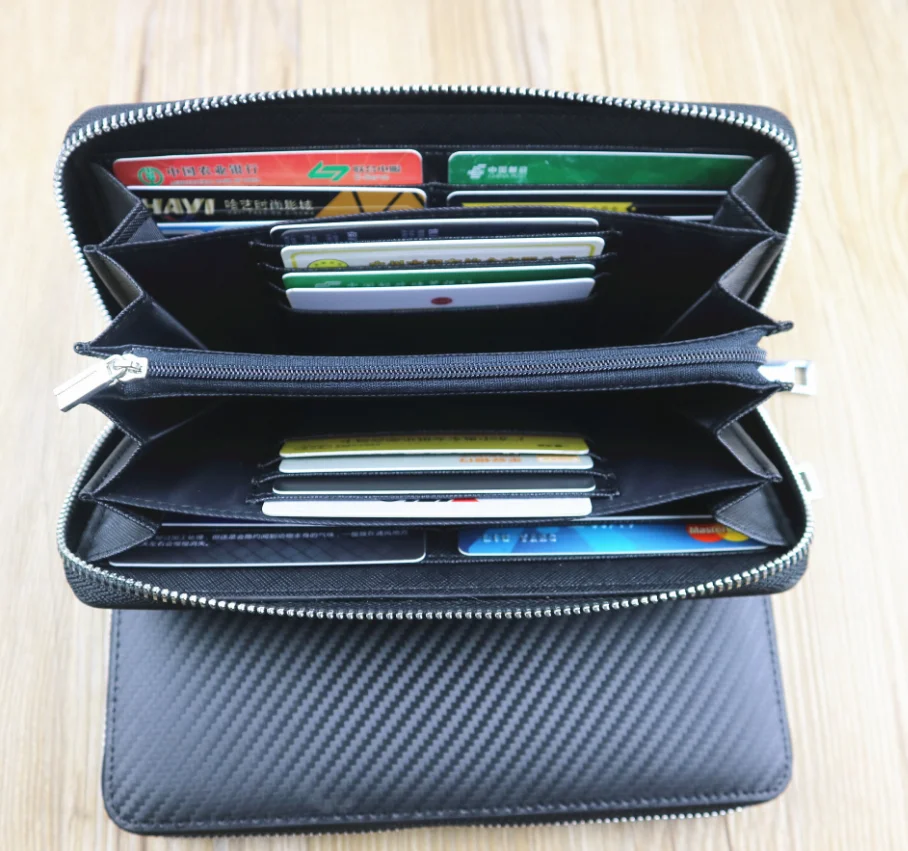 Luxury Carbon Fiber Business Men Long Wallets Leather Carbon Card