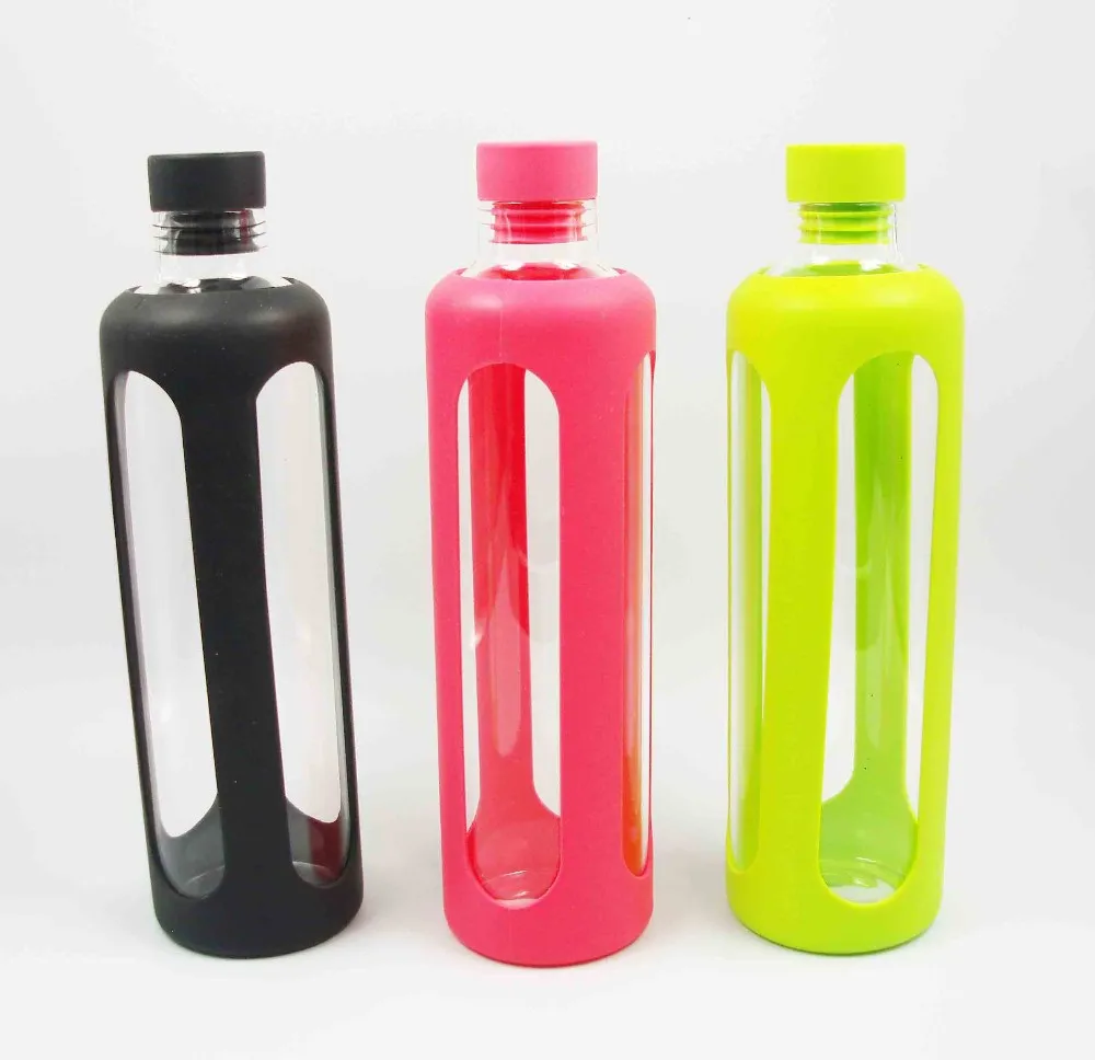 Pyrex glass water bottle sports bottle with silicone sleeve. 