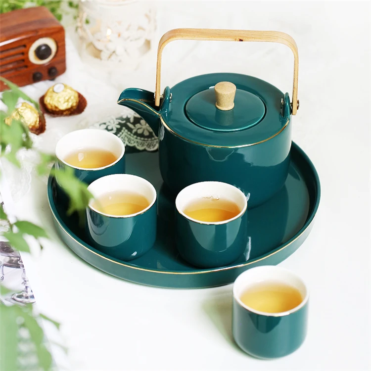 New design european style gold rim green wholesale porcelain tea set 